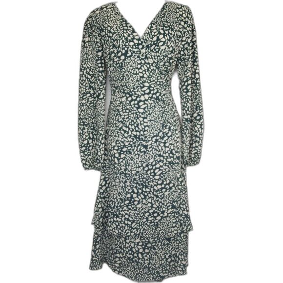 Everly True Wrap Green Snow Leopard Tiered Long Sleeve Dress Women's Size Small - Picture 1 of 6